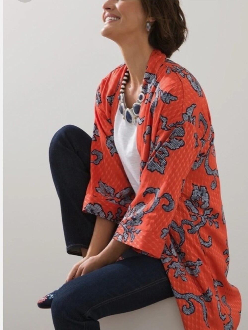 Chico's Oriental Kimono Reversible Topper Jacket Pockets